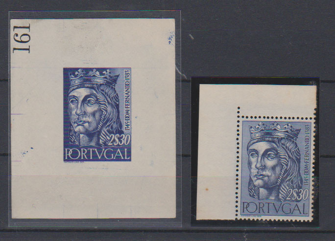 0756.jpg -     Lote:    756            Portugal       Descrição:         1955 &mdash; Reis de Portugal da 1.ª Dinastia. CE814, 2$30. Prova de luxo na cor aprovada (57x69mm), não denteada, em papel liso, numerada (161) e gomada. Acompanha selo normal para comparação.         PRV       Valor Base:     &euro; 25,00     Valor Venda:     &euro;      