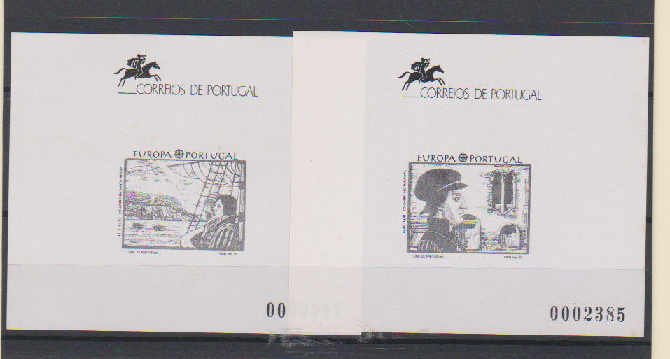 0765.jpg -     Lote:    765            Portugal       Descrição:         1992 &mdash; Europa * Açores + Europa * Madeira. CE2088/89. Lote de duas provas a preto e branco, não denteadas e numeradas.         PRV       Valor Base:     &euro; 5,00     Valor Venda:     &euro;      