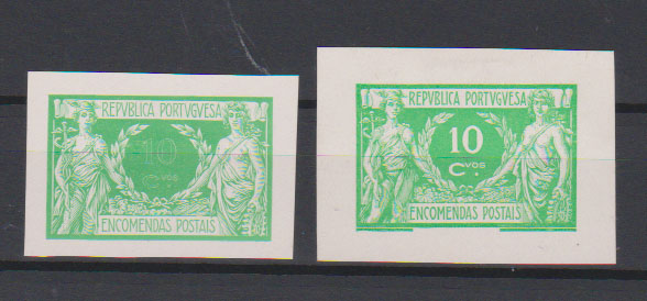 0775.jpg -     Lote:    775            Portugal       Descrição:         1920/22 &mdash; Encomendas Postais. Comércio e Indústria. CE EP4, $10. Lote com 2 provas de cor em verde amarelo (cor não aprovada para esta taxa), em papel porcelana, não denteada, com largas margens. Uma delas com o valor apenas avivado com contornos lineares.         PRV       Valor Base:     &euro; 20,00     Valor Venda:     &euro;      