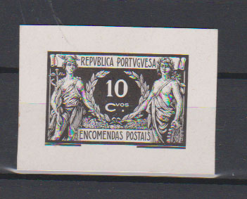 0776.jpg -     Lote:    776            Portugal       Descrição:         1920/22 &mdash; Encomendas Postais. Comércio e Indústria. CE EP4, $10. Provas de cor em preto (cor não aprovada para esta taxa), em cartão, não denteada, com largas margens.         PRV       Valor Base:     &euro; 15,00     Valor Venda:     &euro;      
