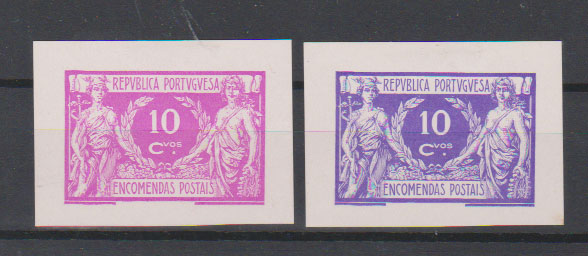 0777.jpg -     Lote:    777            Portugal       Descrição:         1920/22 &mdash; Encomendas Postais. Comércio e Indústria. CE EP4, $10. Lote de duas provas de cor, em papel porcelana, não denteadas, com largas margens, em violeta e lilás, cores não aprovadas.         PRV       Valor Base:     &euro; 20,00     Valor Venda:     &euro;      