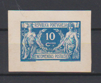 0778.jpg -     Lote:    778            Portugal       Descrição:         1920/22 &mdash; Encomendas Postais. Comércio e Indústria. CE EP4, $10. Provas de cor em azul-cinzento (cor não aprovada para esta taxa), em papel lustrado espesso, não denteada, com largas margens.         PRV       Valor Base:     &euro; 10,00     Valor Venda:     &euro;      