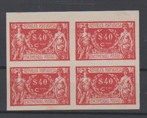 0782.jpg -     Lote:    782            Portugal       Descrição:         1920/22 &mdash; Encomendas Postais. Comércio e Indústria. CE EP6, $40 carmim. Quadra em papel liso fino, não denteada.         PRV       Valor Base:     &euro; 10,00     Valor Venda:     &euro;      