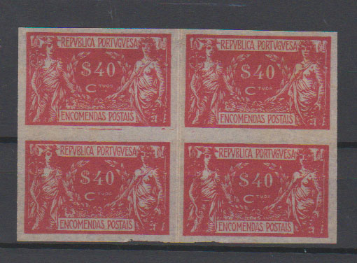0783.jpg -     Lote:    783            Portugal       Descrição:         1920/22 &mdash; Encomendas Postais. Comércio e Indústria. CE EP6, $40 carmim. Quadra em papel cebola, não denteada.         PRV       Valor Base:     &euro; 10,00     Valor Venda:     &euro;      