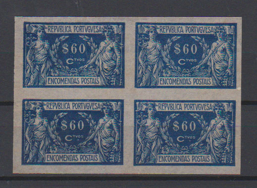 0785.jpg -     Lote:    785            Portugal       Descrição:         1920/22 &mdash; Encomendas Postais. Comércio e Indústria. CE EP8, $60 azul cinzento. Quadra em papel cebola, não denteada.         PRV       Valor Base:     &euro; 10,00     Valor Venda:     &euro;      