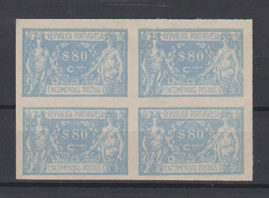 0787.jpg -     Lote:    787            Portugal       Descrição:         1920/22 &mdash; Encomendas Postais. Comércio e Indústria. CE EP10, $80 ultramar. Quadra em papel liso médio, não denteada.         PRV       Valor Base:     &euro; 10,00     Valor Venda:     &euro;      
