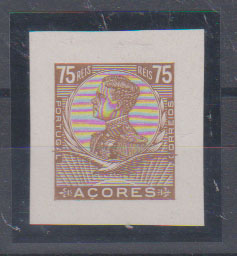 0796.jpg -     Lote:    796            Açores       Descrição:         1910 &mdash; D. Manual II. Prova de cunho em bistre, com margens de luxo, não denteada, com abertura da taxa (75 reis) no cunho. Desenho e cor aprovado para esta taxa.         PRV       Valor Base:     &euro; 20,00     Valor Venda:     &euro;      