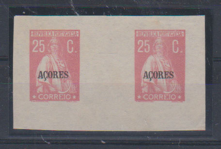 0798.jpg -     Lote:    798            Açores       Descrição:         1923/24 &mdash; Ceres. Selos do Continente com sobrecarga AÇORES. CE195, 25C. Par de provas de cor, na cor aprovada, não denteadas, com margens de luxo, em papel liso.         PRV       Valor Base:     &euro; 10,00     Valor Venda:     &euro;      