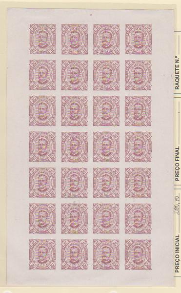 0809.jpg -     Lote:    809            Congo       Descrição:         1894 &mdash; D. Carlos I, tipo Diogo Neto. CE4, 15 reis castanho. Folha completa com 28 provas na cor aprovada, não denteadas, em papel porcelana. MB e MR.         PRV       Valor Base:     &euro; 200,00     Valor Venda:     &euro;      
