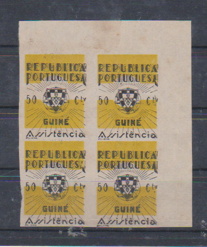 0813.jpg -     Lote:    813            Guiné       Descrição:         1942 &mdash; Imposto Postal. Assistência. CE IP11, 50c amarelo e preto. Quadra de provas não denteada, nas cores aprovadas.         PRV       Valor Base:     &euro; 20,00     Valor Venda:     &euro;      