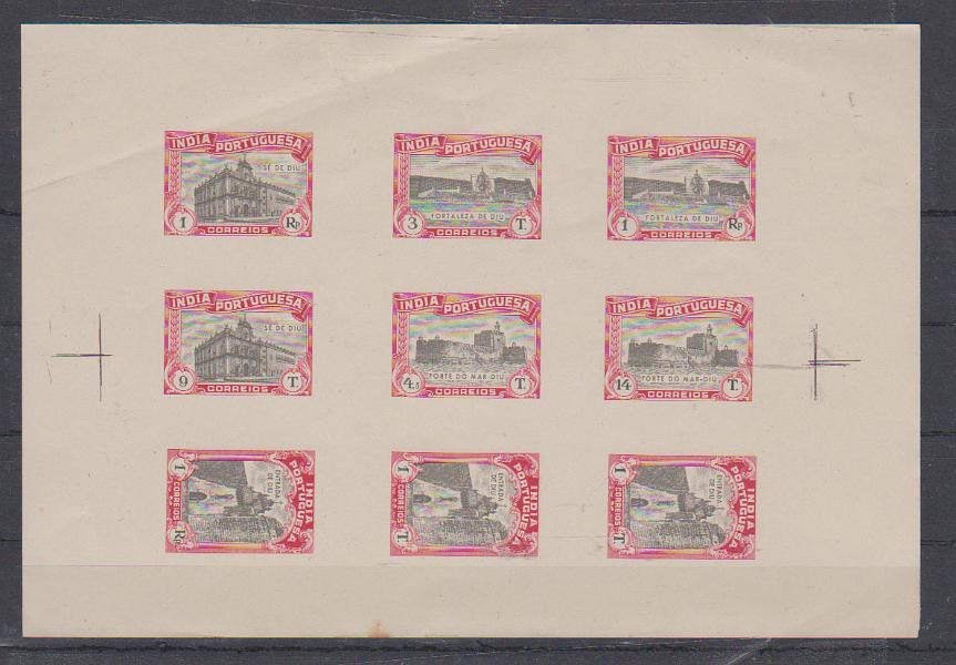 0818.jpg -     Lote:    818            Índia       Descrição:         1948 &mdash; Emissão Projetada. Monumentos da Índia. Bloco com 9 provas não denteadas com as taxas de 1r, 3T, 1Rp, 9T, 4,5T, 14T, representando a Fortaleza de Diu, Forte do Mar &mdash; Diu e Sé de Diu, nas cores preto e carmim. B e MR.         PRV       Valor Base:     &euro; 25,00     Valor Venda:     &euro;      