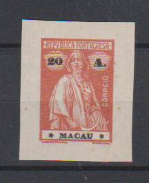 0820.jpg -     Lote:    820            Macau       Descrição:         1913 &mdash; Ceres. CE220, 20 avos. Prova de cor em tijolo, não denteada, com grandes margens, em papel liso, estrelas III/IV.         PRV       Valor Base:     &euro; 15,00     Valor Venda:     &euro;      