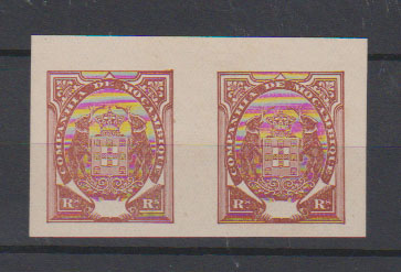 0829.jpg -     Lote:    829            Companhia de Moçambique       Descrição:         1895/02 &mdash; Tipo Elefantes. Par de provas não denteadas em castanho, sem impressão do valor, bordo de folha, em papel pontinhado.         PRV       Valor Base:     &euro; 15,00     Valor Venda:     &euro;      