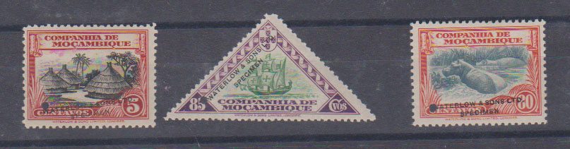 0833.jpg -     Lote:    833            Companhia de Moçambique       Descrição:         1937 &mdash; Motivos locais. Lote de três provas denteadas, com furo e sobrecarga a preto "WATERLOW & SONS, LTD / SPECIMEN, em cores não aprovadas: 5C em carmim e preto + 80c em laranja e preto e 85C em violeta e verde. CE173, 183 e 184.         PRV       Valor Base:     &euro; 15,00     Valor Venda:     &euro;      
