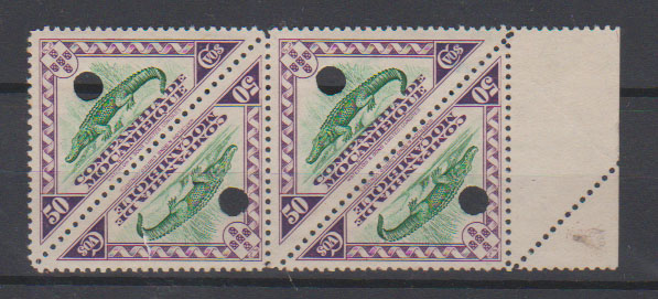 0834.jpg -     Lote:    834            Companhia de Moçambique       Descrição:         1937 &mdash; Motivos locais. CE180, 50c violeta e verde. Bloco de 4 provas denteadas, nas cores aprovadas, com furos de segurança da empresa impressora.         PRV       Valor Base:     &euro; 15,00     Valor Venda:     &euro;      