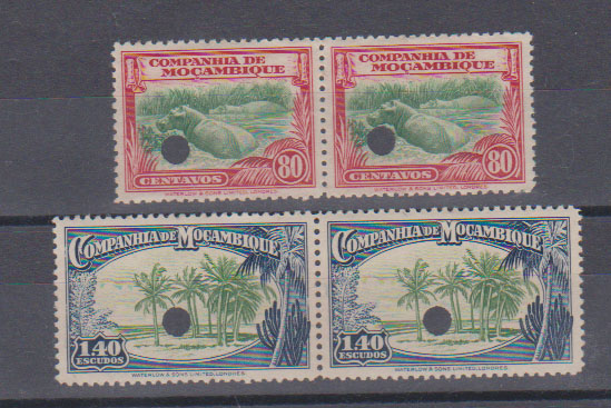 0835.jpg -     Lote:    835            Companhia de Moçambique       Descrição:         1937 &mdash; Motivos locais. CE183, 80c +  CE186, 1$40. Lote com dois pares de provas denteadas, nas cores aprovadas, com furos de segurança da empresa impressora.         PRV       Valor Base:     &euro; 15,00     Valor Venda:     &euro;      