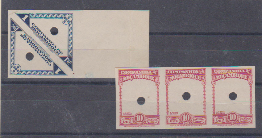 0836.jpg -     Lote:    836            Companhia de Moçambique       Descrição:         1937 &mdash; Motivos locais. CE185 e CE189. Lote composto por: par de provas em azul da moldura do selo de 1$00 + tira de 3 provas da moldura em carmim para o selo de 10$00. Todas não denteadas e com furos de seguranºa da casa impressora.         PRV       Valor Base:     &euro; 20,00     Valor Venda:     &euro;      
