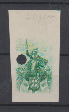 0837.jpg -     Lote:    837            Companhia de Moçambique       Descrição:         1940 &mdash; 3.º Centenário da Restauração de Portugal. Prova não denteada, em verde-escuro do centro do selo, com furo de segurança da casa impressora.         PRV       Valor Base:     &euro; 7,00     Valor Venda:     &euro;      