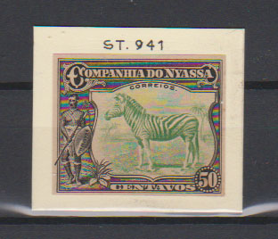 0842.jpg -     Lote:    842            Companhia do Niassa       Descrição:         192&frac12;3 &mdash; Motivos diversos. CE120, 50C preto e verde-amarelo. Prova não denteada, nas cores aprovadas, sobre papel amarelado não aprovado, colada sobre cartão.         PRV       Valor Base:     &euro; 25,00     Valor Venda:     &euro;      