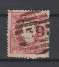 1803.jpg -     Lote:    1803            Portugal       Descrição:         Carimbos numéricos da 2ª reforma. 1866/67 &mdash; D. Luís I, fita curva, denteados. CE30, 25 reis. Carimbo batido a preto "39" (TORRES VEDRAS).         O       Valor Base:     &euro; 5,00     Valor Venda:     &euro;      