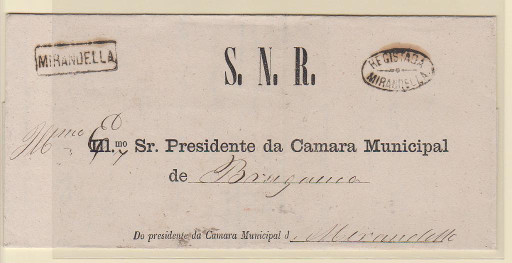 1818.jpg -     Lote:    1818            Portugal       Descrição:         Carimbos ovais de registo. Carta circulada isenta de franquia de Mirandela para Bragança. Carimbo batido a preto MIRANDELLA e "REGISTADA / MIRANDELLA".         Carta       Valor Base:     &euro; 75,00     Valor Venda:     &euro;      