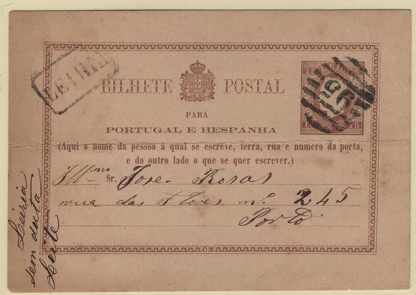 0064.jpg -     Lote:    64            Portugal       Descrição:         1878/79 &mdash; D. Luís I. Fita direita. Impressão em relevo. OM1, 15 reis. Circulado de Leiria para o Porto (20.02.78). Inteiro com dobra horizontal. Carimbo nominativo de LEIRIA.        IC       Valor Base:     &euro; 25,00     Valor Venda:     &euro;      