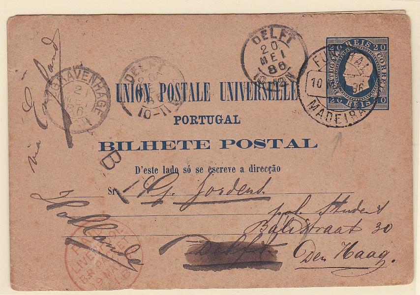 0071.jpg -     Lote:    71            Portugal       Descrição:         1879 &mdash; D. Luís I. Fita direita. Impressão em relevo. OM4d, 20 reis, Sr, redondo. Lote de dois inteiros: um circulado do Funchal (10.05.86) para a Holanda, via Inglaterra e outro de Lisboa (01.11.86) também para a Holanda.        IC       Valor Base:     &euro; 20,00     Valor Venda:     &euro;      