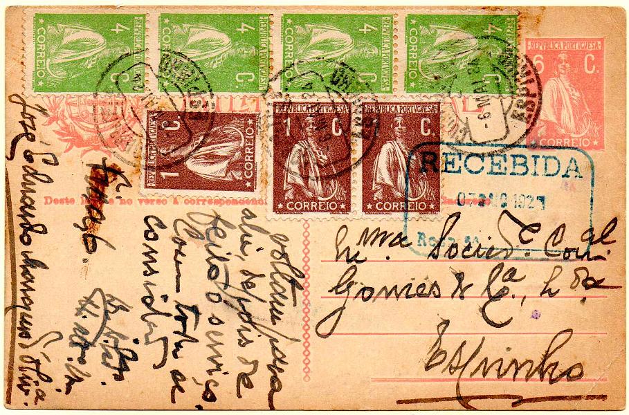 0096.jpg -     Lote:    96            Portugal       Descrição:         192&frac12;2 &mdash; Ceres. Aumento de porte. OM68, 6C rosa. Circulado em Espinho (06.05.24) com tira vertical de 4 selos de 4C CE226 e 3 selos de 1C CE221.        IC       Valor Base:     &euro; 10,00     Valor Venda:     &euro;      