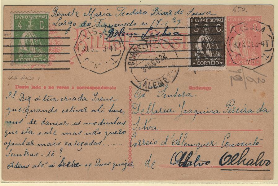 0097.jpg -     Lote:    97            Portugal       Descrição:         192&frac12;2 &mdash; Ceres. OM68, 6C. Circulado de Lisboa (30.08.23) para Olhalvo (31.08.23), com selos adicionais tipo Ceres de 4C CE226 e 5C CE252.        IC       Valor Base:     &euro; 8,00     Valor Venda:     &euro;      
