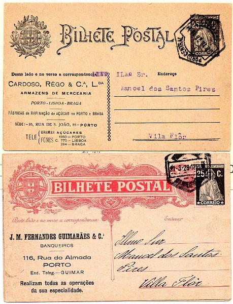 0108.jpg -     Lote:    108            Portugal       Descrição:         1924/25 &mdash; Ceres. Lote com dois inteiros postais: OM74, 25C repicado por CARDOSO, RÊGO & C.ª, LDA + OM78, 25c repicado por J. M. FERNANDES GUIMARÃES & C.ª.        IC       Valor Base:     &euro; 12,00     Valor Venda:     &euro;      