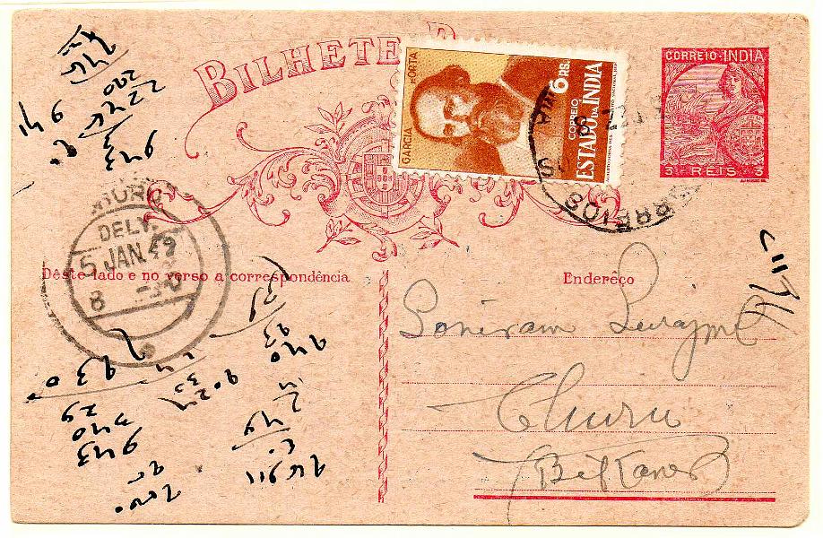 0172.jpg -     Lote:    172            Índia       Descrição:         1934 &mdash; Padrões. OM39, 3 reis. Circulado com selo adicional de 6 reis CE378, de Vasco da Gama (03.12.38) para a Índia Inglesa. Repicado no verso por HIRALAL & C.º        IC       Valor Base:     &euro; 8,00     Valor Venda:     &euro;      