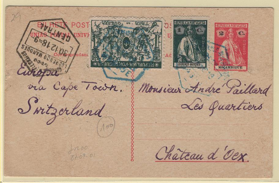 0191.jpg -     Lote:    191            Moçambique       Descrição:         1914 &mdash; Ceres. OM29, 2C carmim. Circulado de Magude (29.12.1918 &mdash; carimbo hexagonal verde-azul) para a Suíça, com trânsito por L. Marques com selos adicionais tipo Ceres (L. M.) de 1C, CE 119 e "Taxa de Guerra" 1C, CE IP3.        IC       Valor Base:     &euro; 18,00     Valor Venda:     &euro;      