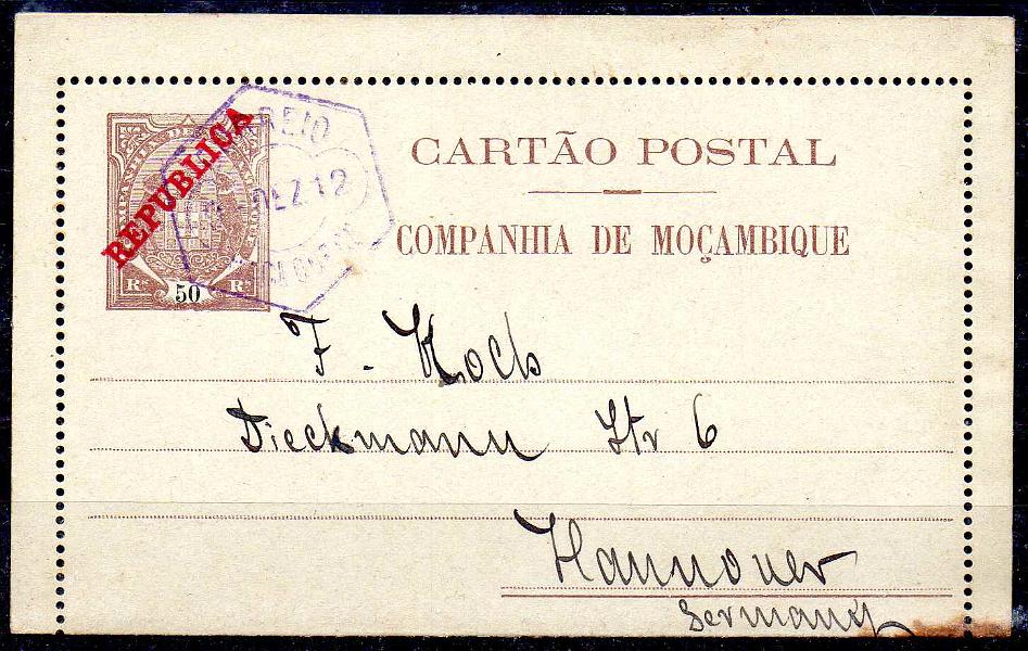 0199.jpg -     Lote:    199            Companhia de Moçambique       Descrição:         1907 &mdash; Tipo Elefantes, com sobrecarga REPUBLICA. Cartões-Postais. OM9, 50 reis. Circulado de Macequece (09.12.12) para Hannover.        IC       Valor Base:     &euro; 12,00     Valor Venda:     &euro;      