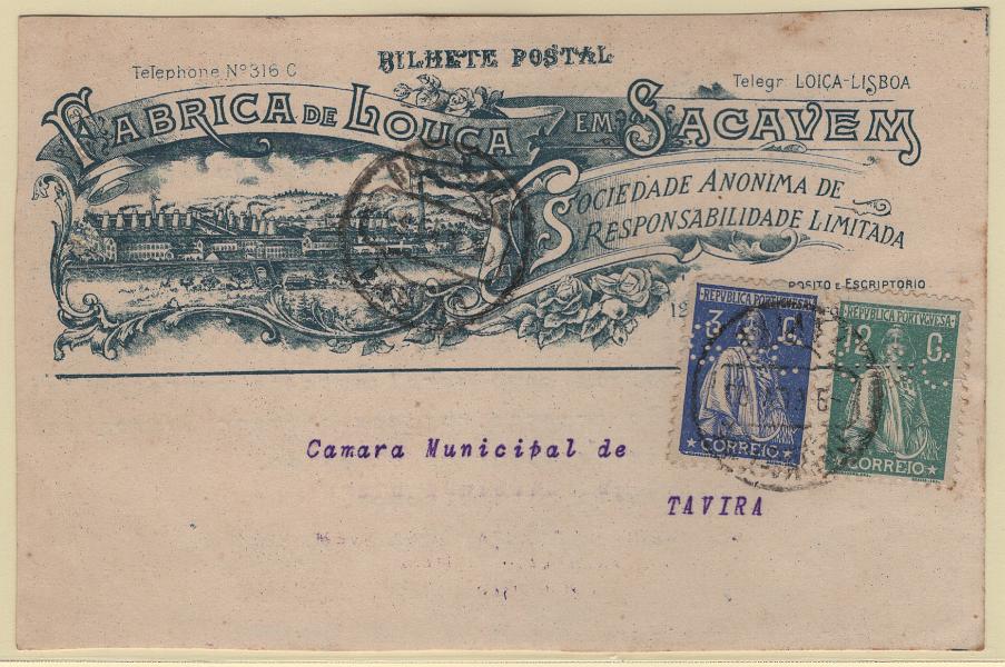 0261.jpg -     Lote:    261                   Descrição:         Perfurados * Fábrica de Louças em Sacavém. Postal ilustrado de propaganda comercial circulado de Sacavém (07.02.23) para Tavira com selos Ceres de 3c e 12c, CE235 e 238, perfurados com G & C atribuída por Barroso à FABRICA DE LOUÇA EM SACAVÉM. B e R.        PI       Valor Base:     &euro; 25,00     Valor Venda:     &euro;      