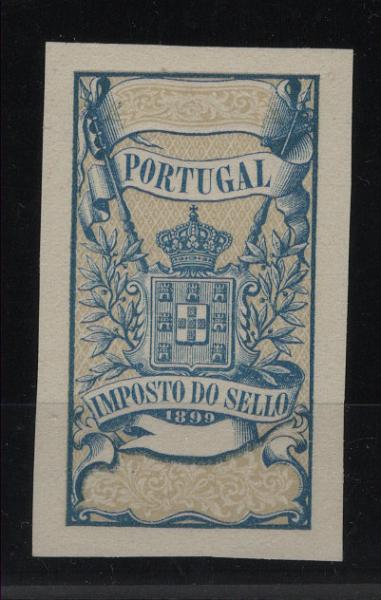 0273.jpg -     Lote:    273            Fiscais       Descrição:         Fiscais. Portugal. 1899 &mdash; Brasão coroado (PB 180/205). Prova de cor em azul, com fundo bistre claro, não denteada, com valor e data omissos.        PRV       Valor Base:     &euro; 12,00     Valor Venda:     &euro;      