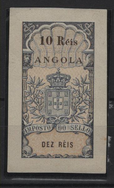 0280.jpg -     Lote:    280            Fiscais       Descrição:         Fiscais. Angola. Imposto do Selo. Brasão coroado. Prova de estampilha não emitida de 10 reis em cinzento-violeta sobre fundo amarelo, não denteada. MR.        PRV       Valor Base:     &euro; 15,00     Valor Venda:     &euro;      