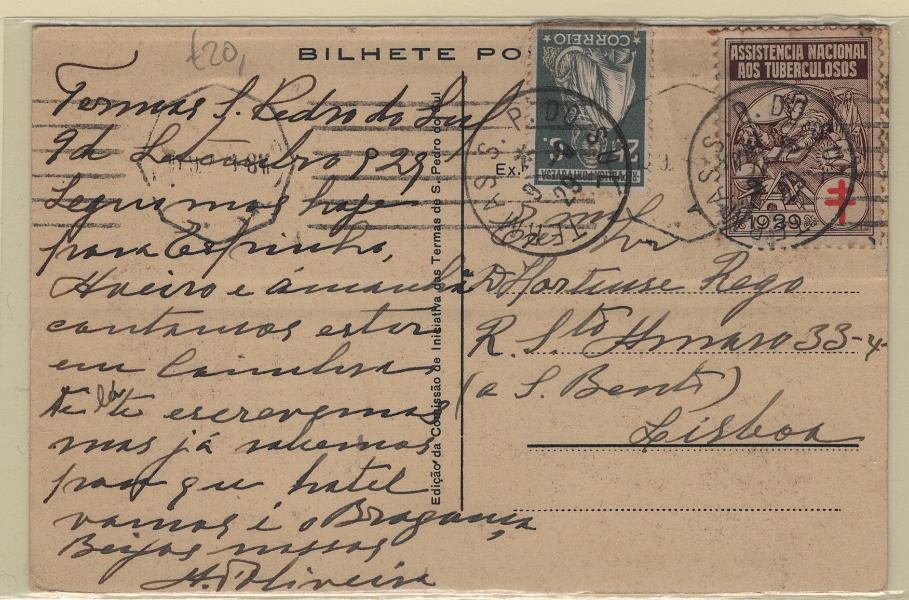 0294.jpg -     Lote:    294            Vinhetas       Descrição:         Vinhetas. Assistência Nacional aos Tuberculosos. Postal ilustrado circulado das Termas de S. Pedro do Sul (09.09.29) para Lisboa com selo de 25C CE404 e vinheta de 1929 (cor castanha).        PI       Valor Base:     &euro; 15,00     Valor Venda:     &euro;      