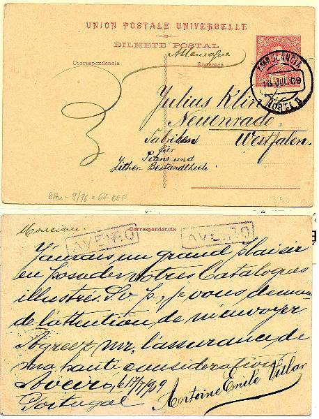 0332.jpg -     Lote:    332            Correio Ferroviário       Descrição:         Correio ferroviário. 1907 &mdash; D. Carlos I Mouchon. OM45, 20 reis. Circulado pela ambulância NORTE II (16.07.09) para a Alemanha, e com marca nominativa ferroviária de AVEIRO no verso, batida a violeta.        IC       Valor Base:     &euro; 10,00     Valor Venda:     &euro;      