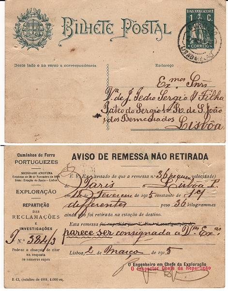 0333.jpg -     Lote:    333            Correio Ferroviário       Descrição:         1912 &mdash; Ceres. OM59, 1C verde, papel creme. Circulado em Lisboa (02.03.15). Repicado no verso por "CAMINHOS DE FERRO PORTUGUEZES * AVISO DE REMESSA NÃO RETIRADO. B e R. Edição de apenas 1000 exemplares.        IC       Valor Base:     &euro; 25,00     Valor Venda:     &euro;      