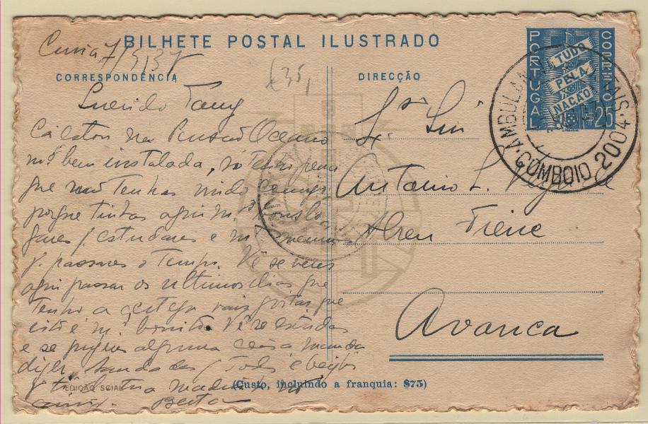 0335.jpg -     Lote:    335            Correio Ferroviário       Descrição:         Correio ferroviário. 1937 &mdash; Selo Tudo pela Nação. Ilustrados com monumentos, paisagens e costumes. Série não numerada. OM86, AW - Traz os Montes &mdash; Gaiteiro. Circulado da Curia (07.09.37) para Avanca. Carimbo batido a preto "AMBULANCIAS POSTAIS / COMBOIO 2004".        IC       Valor Base:     &euro; 25,00     Valor Venda:     &euro;      