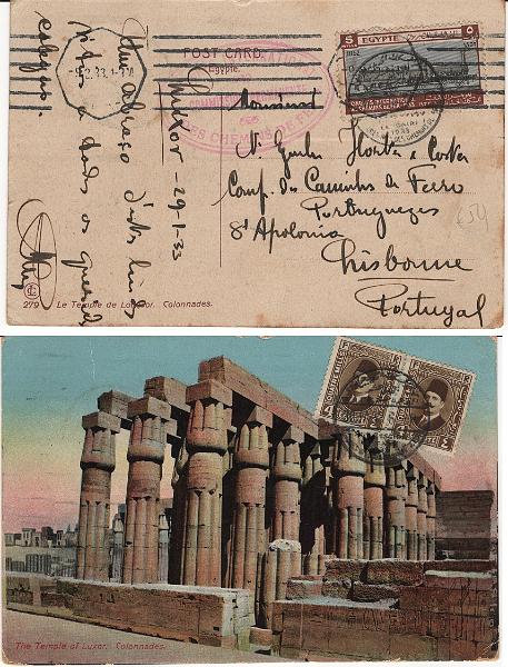 0337.jpg -     Lote:    337            Correio Ferroviário       Descrição:         Correio ferroviário. Congresso Internacional dos Caminhos de Ferro - Egipto, 1933. Postal ilustrado circulado de Luxor (29.01.33) para Lisboa (09.02.33). Carimbo batido a vermelho da Comissão permanente do Crongresso.        PI       Valor Base:     &euro; 25,00     Valor Venda:     &euro;      