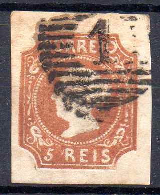 0636.jpg -     Lote:    636            Portugal       Descrição:         1853 &mdash; D. Maria I. CE1, 5 reis, cunho II, com três margens de luxo e uma normal. Valor de catálogo &euro; 3.600,00.        O       Valor Base:     &euro; 250,00     Valor Venda:     &euro;      