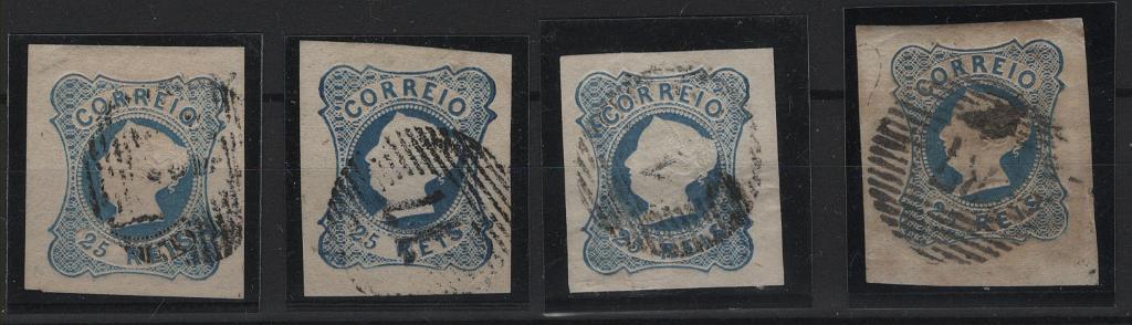 0642.jpg -     Lote:    642            Portugal       Descrição:         1853 &mdash; D. Maria II. CE2, 25 reis. Lote com 4 selos, dois do cunho I e dois do cunho II. Todos com margens de luxo. Valor de catálogo &euro; 200,00.        O       Valor Base:     &euro; 20,00     Valor Venda:     &euro;      