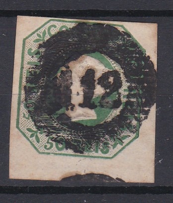 0648.jpg -     Lote:    648            Portugal       Descrição:         1853 &mdash; D. Maria II. CE3, 50 reis verde, com duas margens de luxo e duas curtas, obliterado com carimbo numérico da 1.ª reforma tipo 20 barras "112 &mdash; VISEU". Valor de catálogo &euro; 1.800,00.        O       Valor Base:     &euro; 80,00     Valor Venda:     &euro;      