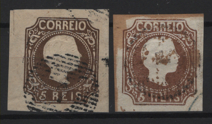 0653.jpg -     Lote:    653            Portugal       Descrição:         1855/56 &mdash; D. Pedro V. Cabelos lisos. CE5, 5 reis. Lote com dois selos falsos em castanho avermelhado e castanho-amarelo.        O       Valor Base:     &euro; 20,00     Valor Venda:     &euro;      