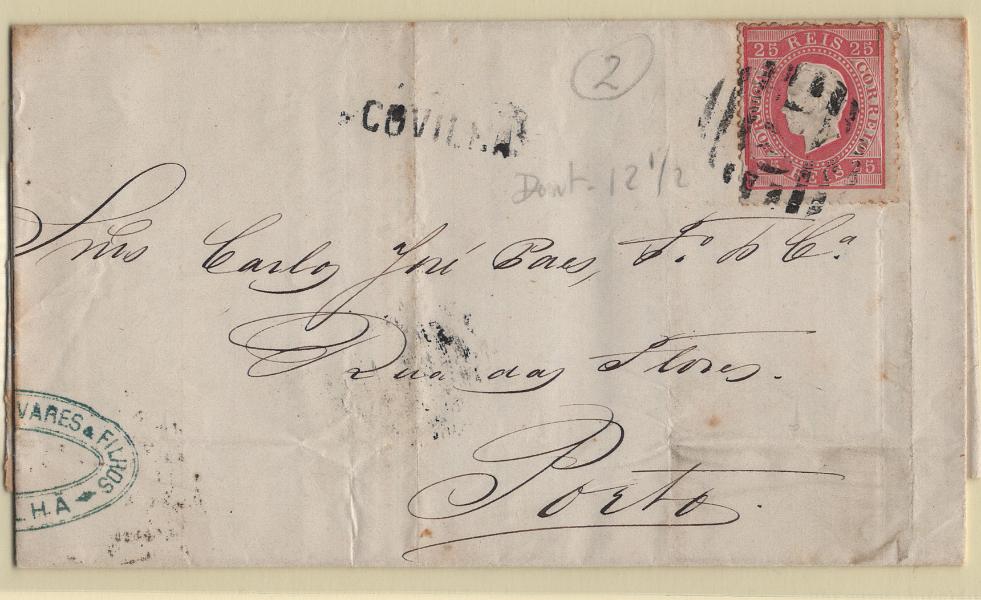 0746.jpg -     Lote:    746            Portugal       Descrição:         1870/76 &mdash; D. Luís I. Fita direita. CE40, 25 reis, denteado 12 &frac12; em carta circulada da Covilhã para o Porto (21.12.73). Carimbo nominativo a preto "COVILHÃ".        Carta       Valor Base:     &euro; 8,00     Valor Venda:     &euro;      