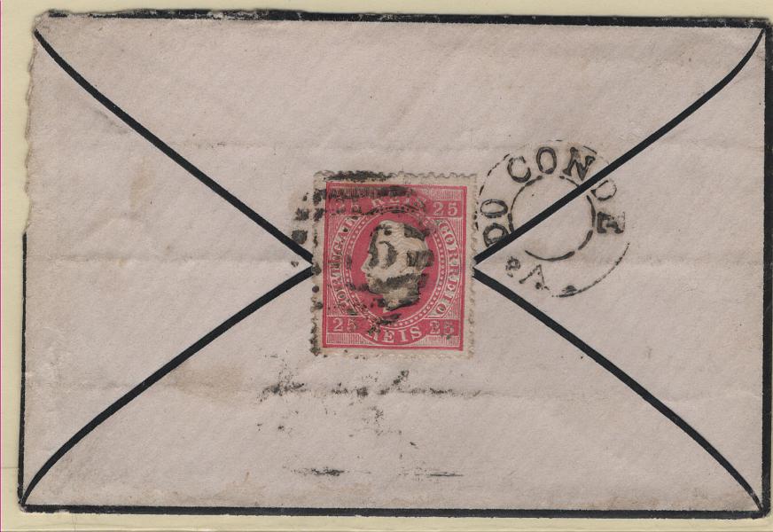 0748.jpg -     Lote:    748            Portugal       Descrição:         1870/76 &mdash; D. Luís I. Fita direita. CE40, 25 reis, papel liso, cunho X, denteado 13 &frac12;, em pequeno sobrescrito circulado do Porto (13.08.77) para Vila do Conde. Carimbo de duplo círculo "V.ª DO CONDE" aplicado à chegada.        Carta       Valor Base:     &euro; 25,00     Valor Venda:     &euro;      