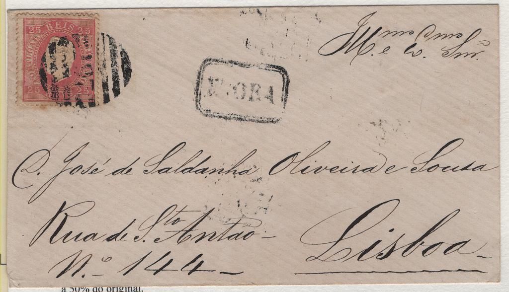 0749.jpg -     Lote:    749            Portugal       Descrição:         1870/76 &mdash; D. Luís I. Fita direita. CE40, 25 reis, denteado 14, tipo X, papel liso, circulado de Évora para Lisboa (11.08.74). Selo sem defeitos ou reparações, obliterado com numérico da 2.ª reforma "197 &mdash; ÉVORA". Certificado de Peritagem de J. Miranda da Mota.        Carta       Valor Base:     &euro; 70,00     Valor Venda:     &euro;      