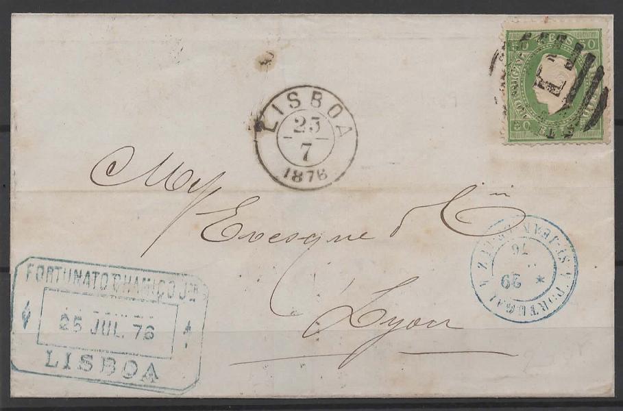 0753.jpg -     Lote:    753            Portugal       Descrição:         1867/70 &mdash; D. Luís I. Fita direita. CE41, 50 reis verde, cunho I, denteado 12 &frac12;, papel liso, em carta circulada de Lisboa (23.07.76) para Lyon, com trânsito por St. Jean de Luz (29.07.76).        Carta       Valor Base:     &euro; 30,00     Valor Venda:     &euro;      