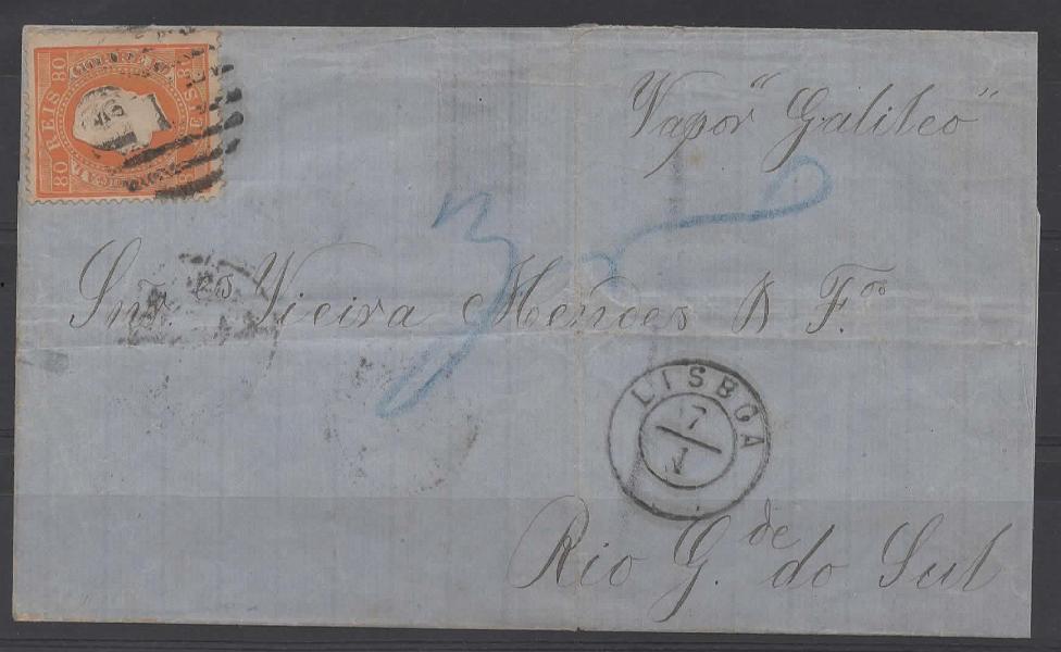 0754.jpg -     Lote:    754            Portugal       Descrição:         1870/76 &mdash; D. Luís I. Fita direita. CE42, 80 reis laranja, denteado 13 &frac12;, cunho II, em capa de carta circulada de Lisboa (07.01.76) para o Brasil.        Carta       Valor Base:     &euro; 42,00     Valor Venda:     &euro;      